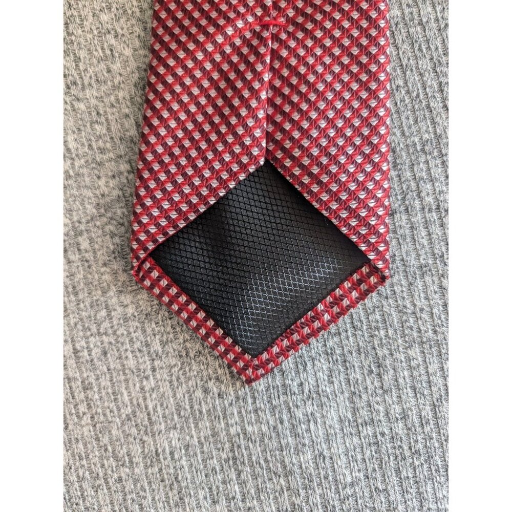 Nicole Miller Silk Tie, Red/White/Burgundy Geometric Square/Diamond Pattern - Picture 3 of 4